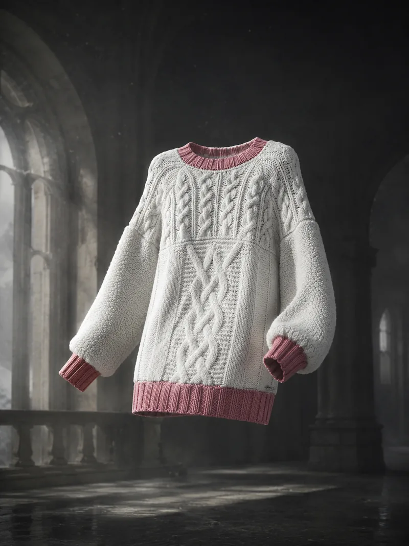An ecru cable-knit CHANEL-inspired jumper with pink ribbed trims floating in a cinematic gothic hall