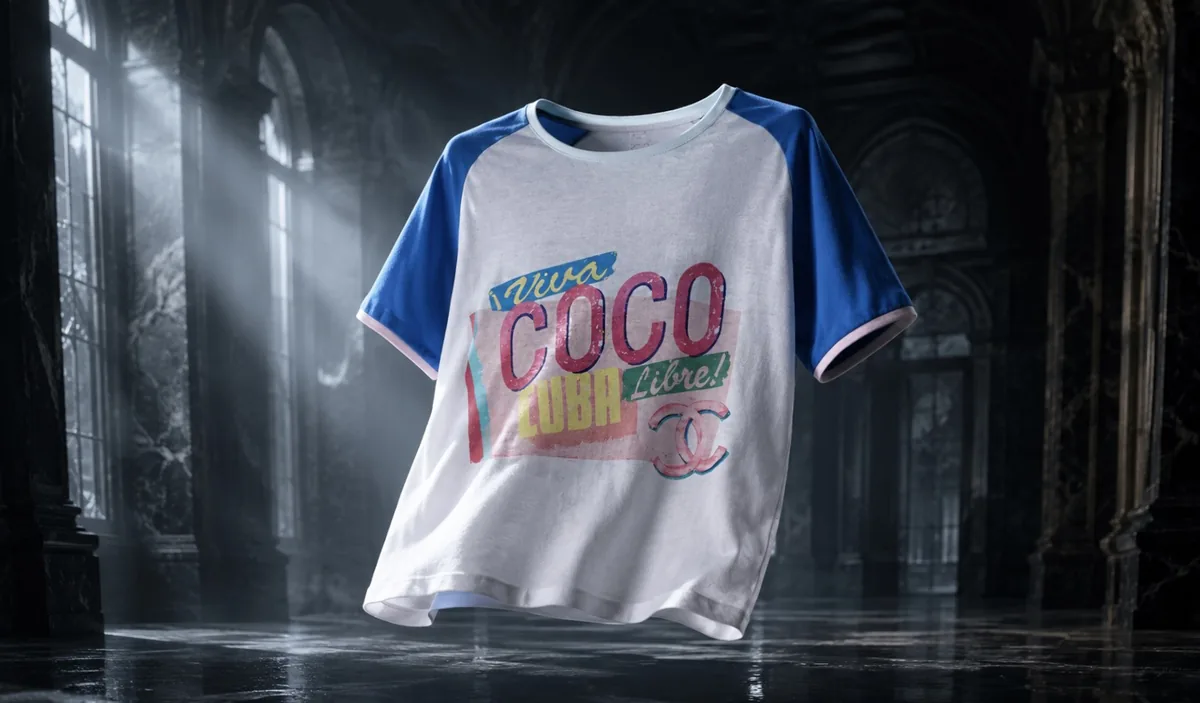 A white CHANEL-inspired raglan t-shirt with blue sleeves and Viva Coco Cuba Libre print in a vast cinematic gothic hall