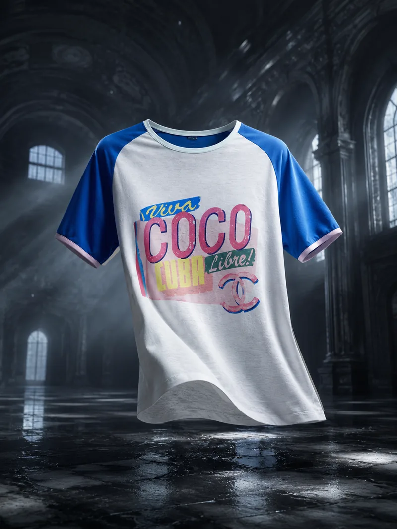 A white CHANEL-inspired raglan t-shirt with blue sleeves and Viva Coco Cuba Libre print floating in a cinematic gothic hall