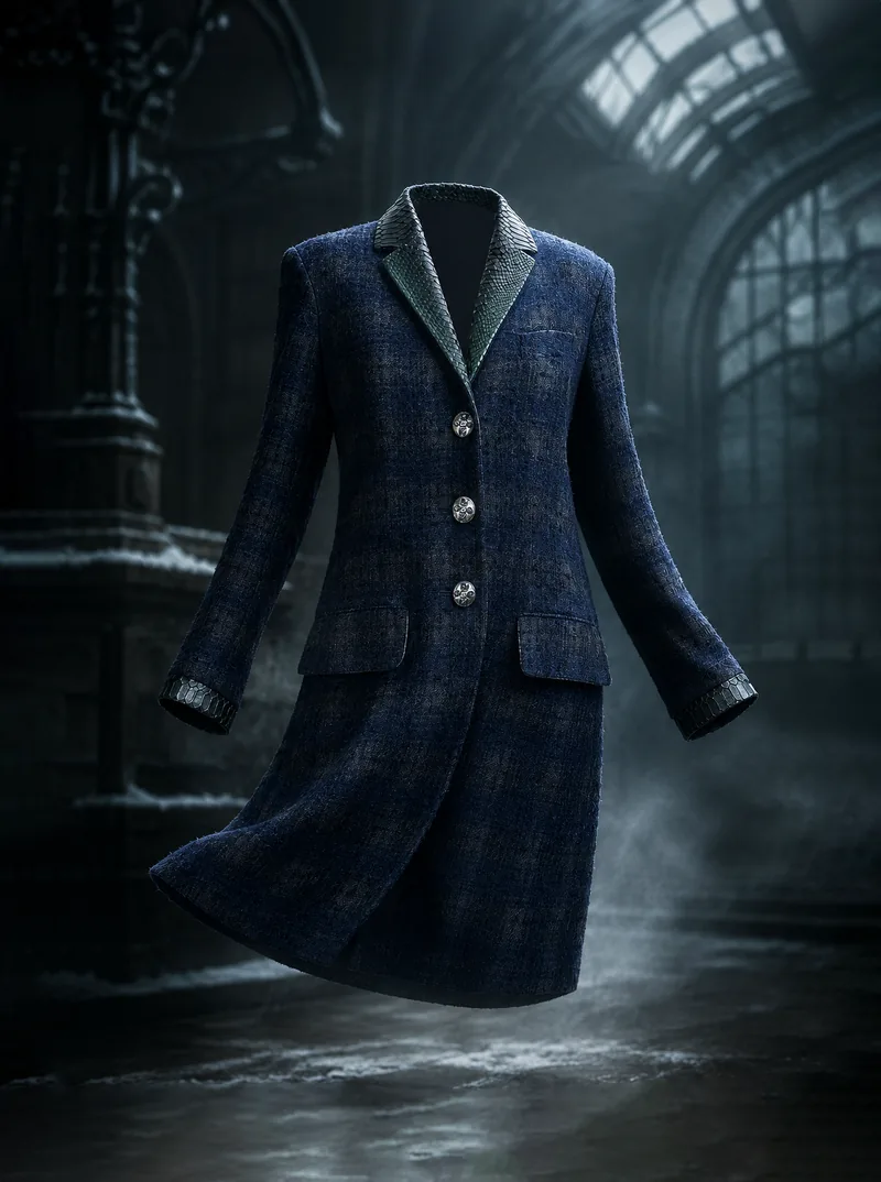 A navy tweed CHANEL-inspired coat with python trim floating in a cinematic glass hall