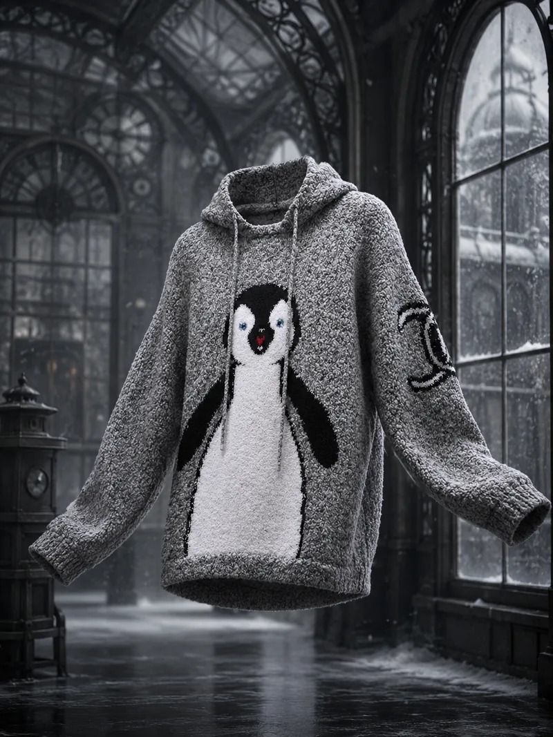 A grey CHANEL-inspired penguin intarsia hoodie floating in a cinematic snowy glass hall