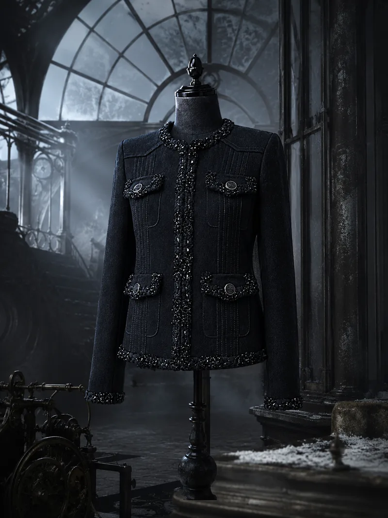 A dark tweed CHANEL-inspired jacket displayed on a mannequin in a cinematic glass hall