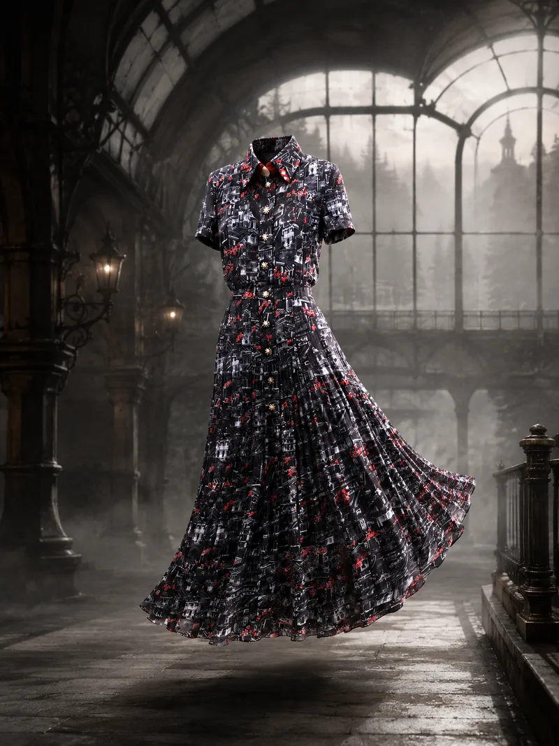 A black printed silk CHANEL-inspired maxi dress floating in a cinematic glass hall