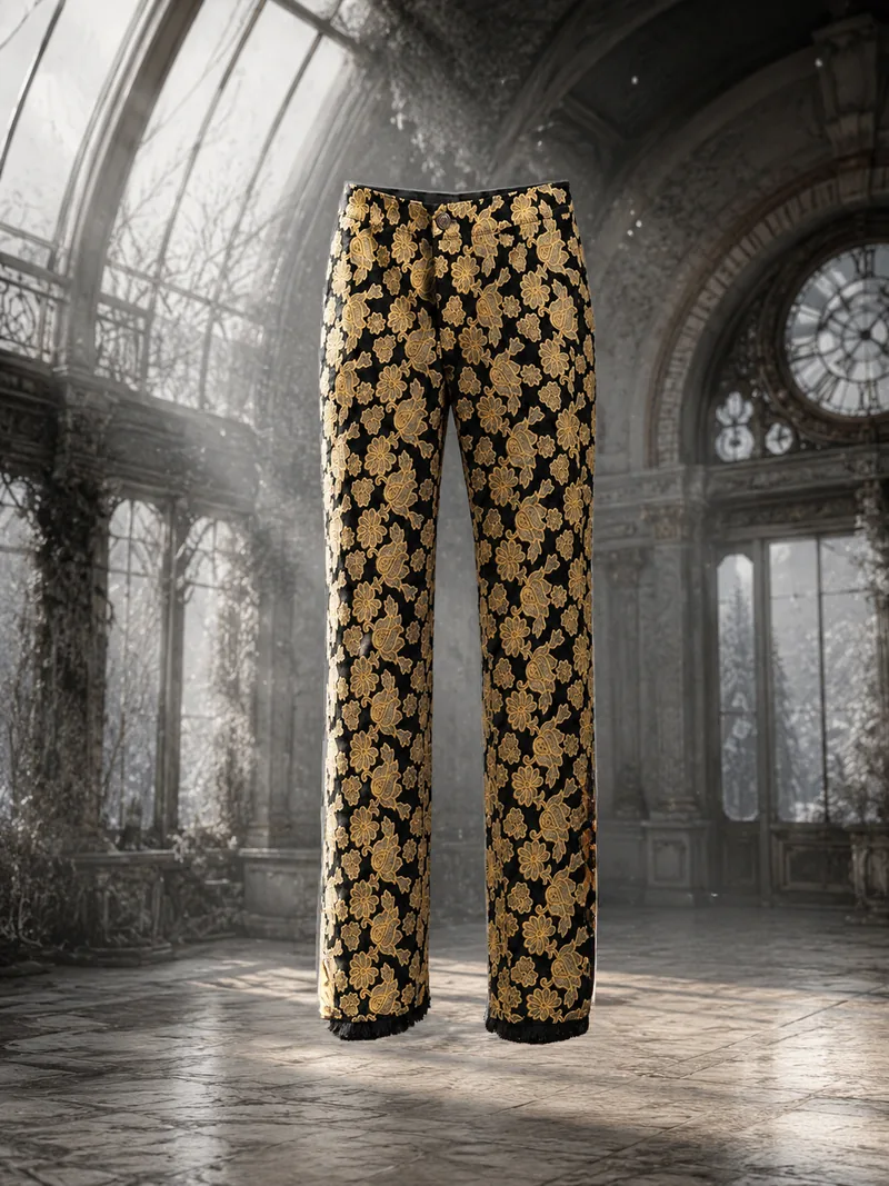 Black CHANEL-inspired trousers with gold paisley brocade pattern floating in a cinematic gothic glass hall
